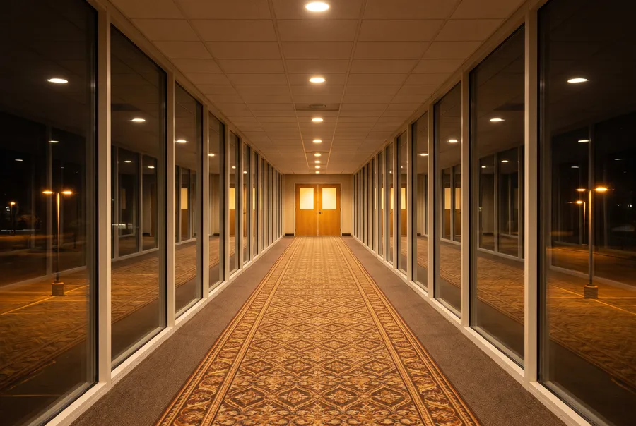 Generated scene: an empty glass-walled pedestrian walkway at night with a patterned carpet runner, ceiling lights in a row and wooden double doors at the far end.