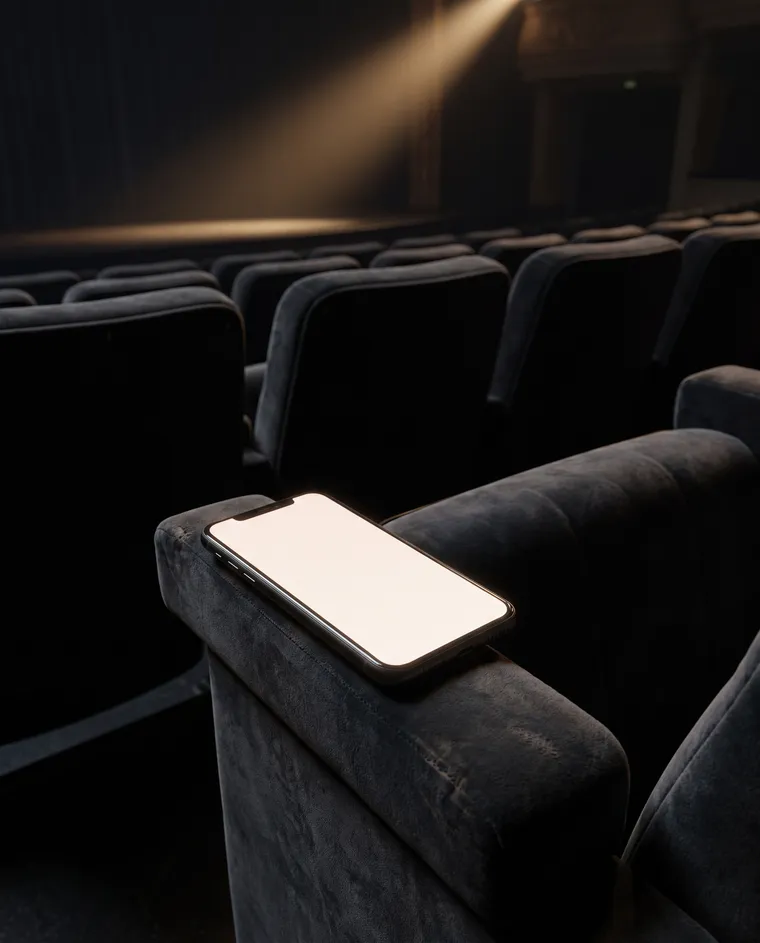 Generated scene: a smartphone with a plain glowing screen resting on the armrest of a dark velvet seat in an empty, darkened concert hall.